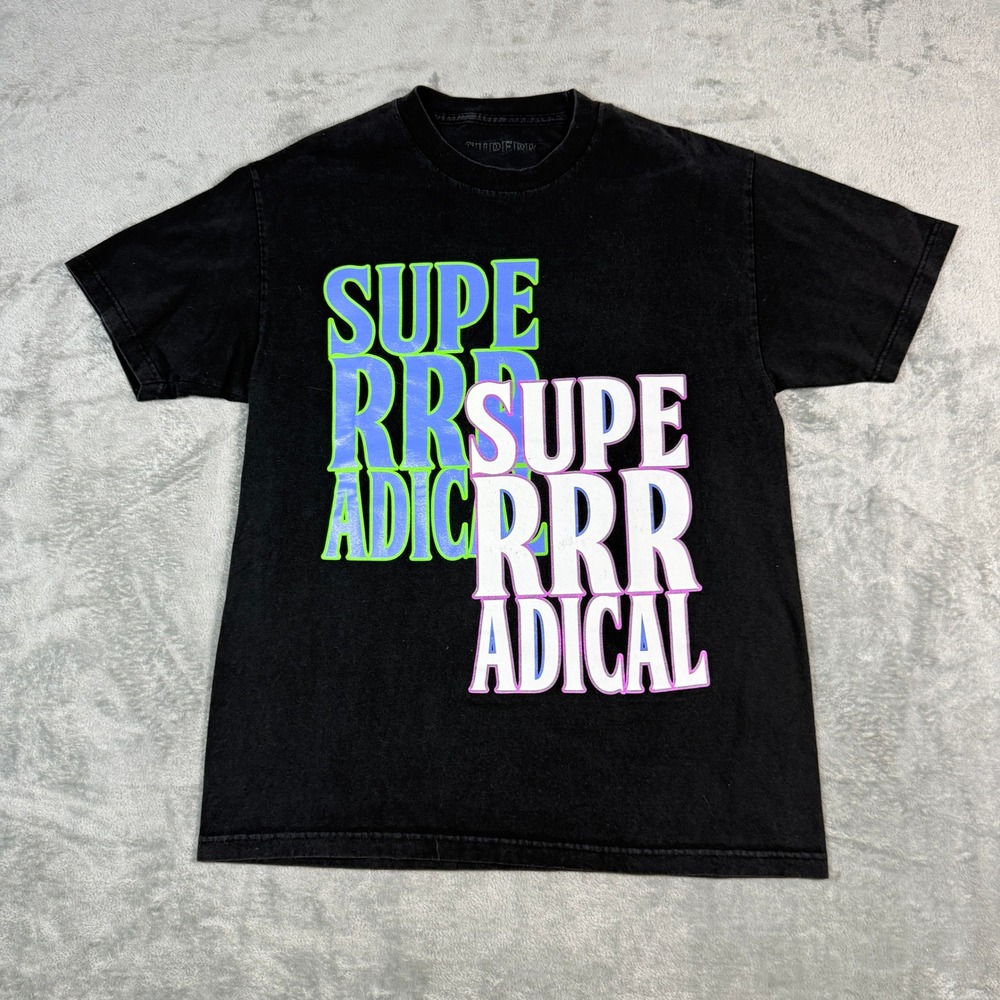 Superrradical Mens Large Black Graphic T-Shirt Neon Overlap Print Streetwear
